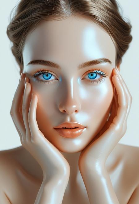 A stunning 2D illustration portrays a glamorous woman with defined facial features, her hands gently resting on her face. Her blue eyes are wide open, revealing a vibrant yet subtle mood. Her highly reflective, polished metal skin seamlessly blends into a white background, creating a soft and elegant color palette. The ambient occlusion rendering enhances the ultra-detailed, delicate, and refined atmosphere, skillfully capturing the essence of beauty and elegance in this high-quality artwork.
