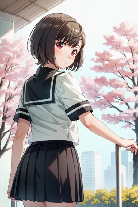 1girl, (masterpiece:1.3), (high resolution), (8K), (extremely detailed), (4k), (pixiv), perfect face,  (best quality), (super detailed), (solo), (textured skin:1.3), aico tachibana, black hair, short hair,red eyes, school uniform, serafuku, black skirt, pleated skirt, short sleeves, <lora:aico_tachibana-09:0.8>, cherry blossoms,  looking at viewer, cowboy shot,