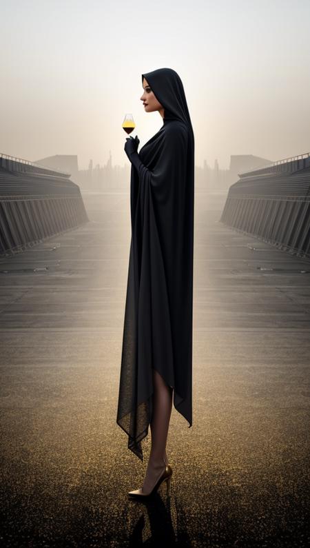line art drawing woman,cloaked, yearning to explore. Gradient mastery, ink, gold leaf, and alcohol ink elements. Cinematic realism, luminism, and pollution-choked industrial landscape . professional, sleek, modern, minimalist, graphic, line art, vector graphics