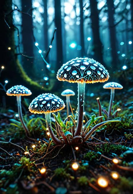 Delve into the enchanting microcosm of "Plants and Fungi" as you explore the delicate beauty of Mycena fungi, . This macro shot reveals the intricate details of the tiny fungi, showcasing their fragile stems and delicate caps with crystal-clear precision. In the foreground, soft flowers add an extra layer of natural charm, their petals framing the fungi like nature's own artwork. Set against a backdrop of the forest floor, the fungi and flowers stand out in sharp focus, while the surrounding environment melts away into the most exquisite bokeh. Small, twinkling bokeh lights in the background, like tiny orbs of magic, create a dreamlike atmosphere that highlights the ethereal beauty of the scene. (geautiful dew on top of fungi and on the ground),This mesmerizing image, shot with a Canon EOS R5 paired with a Canon RF 100mm f/2.8L Macro IS USM lens, captures every fine detail and subtle texture with stunning clarity. Immerse yourself in the hidden wonders of the natural world, where the interplay of light and shadow, combined with the finest bokeh and the charm of foreground flowers, elevates the humble Mycena fungi to a work of art., (dark shot), (deep darks), (deep shadows), (muted highlights), (vibrant colors), (dramatic shadows), insane details, (high quality), (ultra detail), (high resolution), (masterpiece), (complex and beautiful), (exquisitely beautiful), , cinematic, (gorgeous), insane details, 8K, UHD, (brilliant composition)  <lora:add-detail-xl:1.25>  <lora:glowneon_xl_v1:0.83>  <lora:M05_Intensify:1> <lora:Biolumins:1>