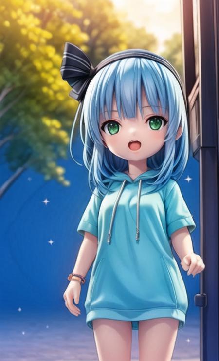 <lora:blindbox_v1_mix:1.8> full body, chibi, extremely detailed CG unity 8k wallpaper, realistic, 
1girl, green eyes, konpaku youmu, open mouth, solo, hoodie, outdoors,  day, hairband, sparkle, black hairband, contemporary, short sleeves, green hoodie, ribbon, alternate costume, hair ribbon, bangs, long hair, skirt, black ribbon, clenched hands, blue hair, drawstring, bracelet, <lora:add_detail:1>