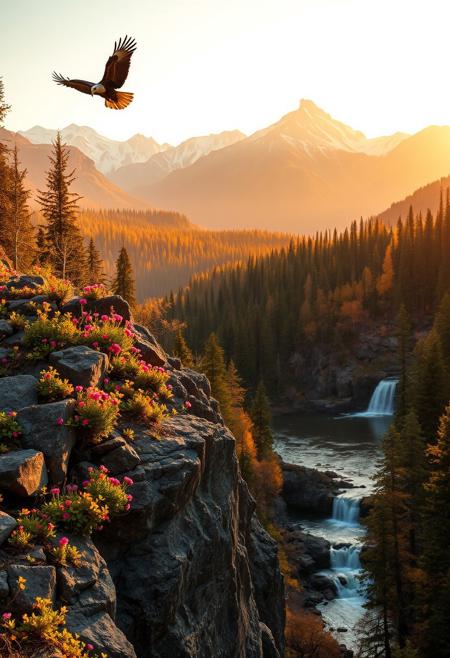 In the warm light of sunset, a majestic eagle soars overhead as the American wilderness unfolds before us. A rugged rocky outcrop, adorned with vibrant wildflowers, overlooks the serene river winding through the valley below. The forest's towering trees, their leaves tinged with autumn's warm hues, stretch towards the sky. A cascading waterfall feeds into the river, its gentle melody a symphony of nature. In the background, snow-capped peaks rise majestically, bathed in the golden light of sunset, their mirrored reflections rippling across the tranquil waters.
The rocky outcrop's rough texture is juxtaposed with the delicate petals of the wildflowers, while the forest's intricate foliage and the eagle's soft plumage contrast with the river's smooth surface. The warm lighting casts a soft glow on the landscape, inviting contemplation and awe. Every element contributes to a harmonious composition that celebrates the grandeur and tranquility of this vast, untamed wilderness.