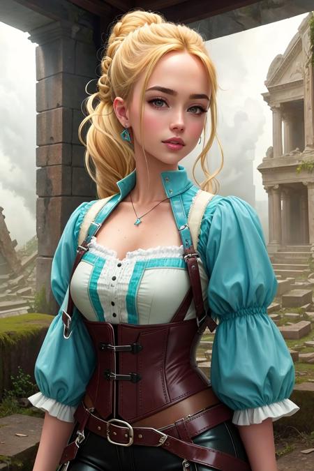 (KristenNobodySD15:0.8) medieval RPG character painting blonde hair upsweep updo swashbuckler rogue corset shirt teal (leather pants:1.1) (straps buckles:1.2) armor indoors overgrown (ancient ruins:1.2) bright morning light from the side (atmospheric volumetric fog:1.1)
(masterpiece:1.4) (illustration:1.2) (best quality:1.4) (8k) (HDR) (wallpaper) (cinematic lighting) (sharp focus) (intricate)