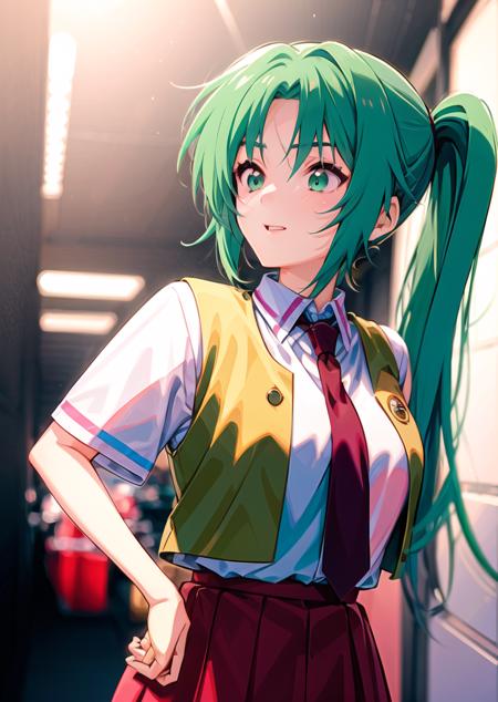 1girl, ponytail, green hair, long hair, green eyes, school uniform, collared shirt, red necktie, yellow vest, open vest, red skirt,
upperbody, standing,
<lora:SonozakiMion-000014:1>, sonozaki mion,
 <lora:dpep2 768:0.7>