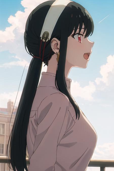 best quality, masterpiece, highres, solo, {yor_briar_spyxfamily:1.15}, black_hair, hairband, red_eyes, sidelocks, white_hairband, jewelry, earrings, bangs, long_hair, 1girl, from_side, open_mouth, outdoors, profile, shirt, upper_body, blue_sky, cloud, day, sky