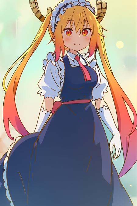 1girl,solo,slit pupils,twintails,blonde hair,long hair,gradient hair,dragon horns,dragon girl,hair between eyes,orange eyes,orange hair,red eyes,bangs,