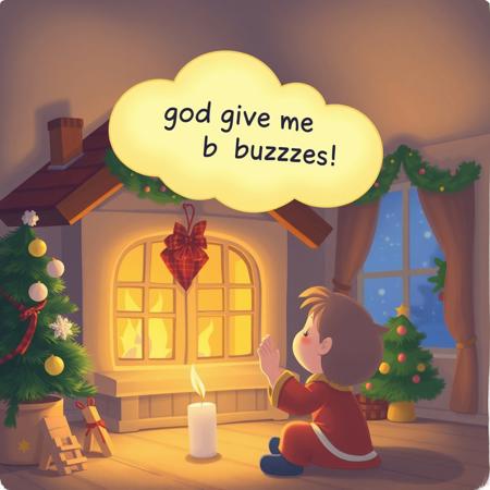 Kid praying, Disney style, small cloud above the head with a text: "god give me buzzes" Christmas atmosphere house calm