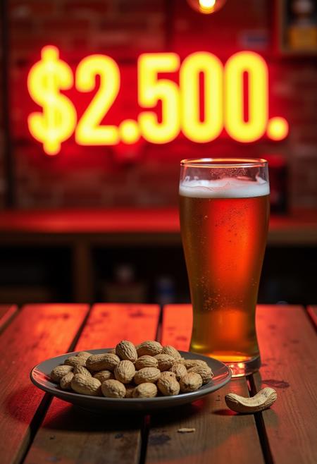 A captivating image of a wooden table, set up with a chilled artisanal beer and a plate of peanuts with their shells on. The beer is a deep golden color, with a hint of foam at the top. The peanuts are scattered across the plate, giving off a rustic and casual vibe. The background features a bright, eye-catching sign that reads "$2.500. la pinta", displaying a bold and retro typography., typography, product, vibrant, poster