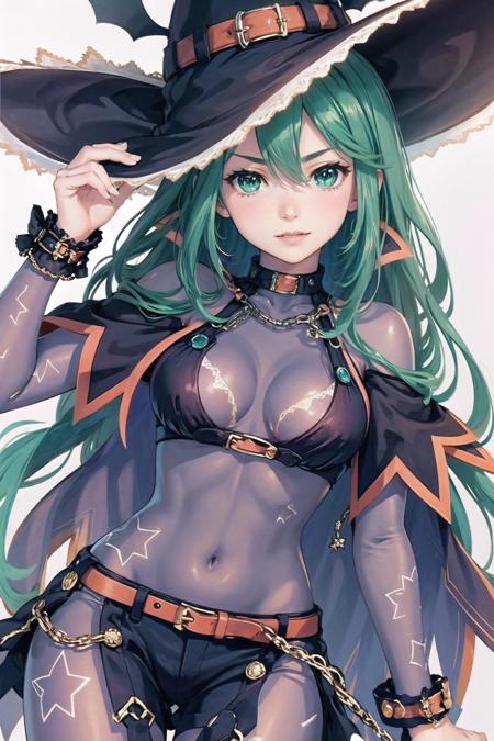 <lora:wrenchdalnatsumi:1>, dalnatsumi, 1girl, bodysuit, witch hat