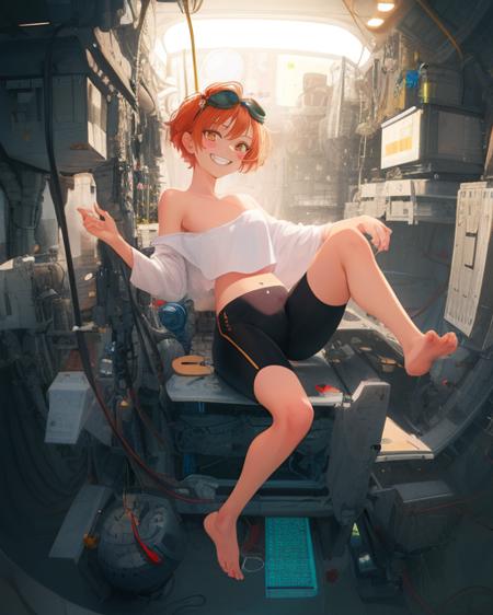 Edward,  tan skin, tomboy, midriff, orange hair, (white loose shirt), off shoulder, spiked hair, barefoot, bike shorts, brown eyes, goggles on head, blush stickers, grin, balancing on one leg,  full body, 
space station, engine room, 
 (insanely detailed, beautiful detailed face, masterpiece, best quality)  volumetric lighting, best quality, masterpiece, intricate details, tonemapping, sharp focus, hyper detailed <lora:Edward-06:0.8>