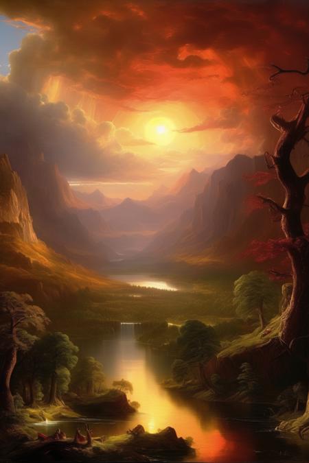 <lora:Thomas Cole Style:1>Thomas Cole Style - photo of a landscape in middle earth, flying dragons in the sky, lord of the rings, the shire, The lighting connotes a sensation of warmth and comfort, strong sunbeams, As a painting by Thomas Cole the Hudson River School;