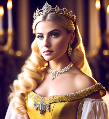 (Cinematic Photo:1.3) of (Masterpiece:1.3) A portrait of a (Belle) princess woman beautiful, dress crystal crystallized yellow pastel ornate drops transparent, hair blonde, fantasy, Medieval, epic hyper-detailed masterpiece ultra-wide, cinematic still, glamour hyper shoot, bokeh, pre-raphaelite, photo, realistic, octane render, 35 mm, photography, 8k resolution, 8 k, cinematic lighting,