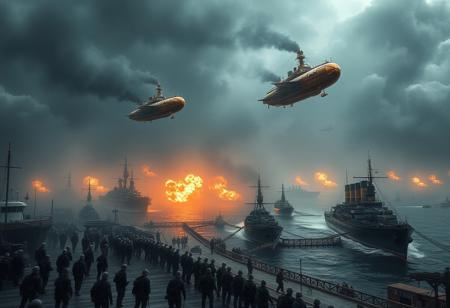 The harbor pulses with the energy of war preparation. Soldiers in ironclad armor march in disciplined ranks, the ground shaking beneath them as they ready for battle. Navy battleships, industrial marvels, stand poised for departure, thick smoke billowing from their chimneys into the dark sky. Above, the Kingdom's steampunk airship formation glides through mist, their bronze hulls gleaming, gears turning as steam hisses. An epic high-angle shot captures the convergence of air and sea forces. Amid explosions and machinery clamor, storm clouds gather, casting a dramatic, cinematic atmosphere as chaos builds.