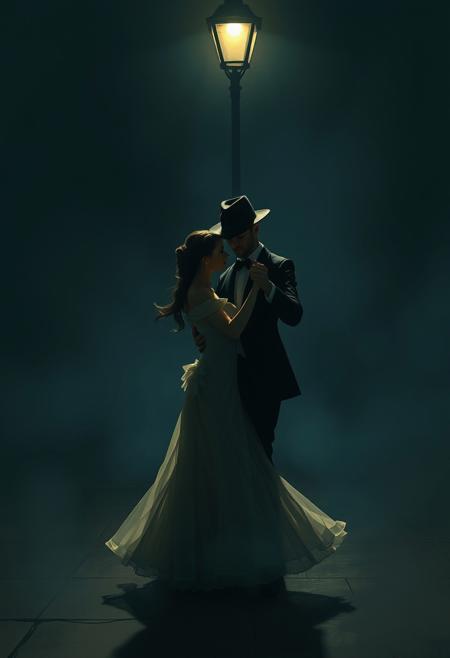 A mysterious couple dancing under a dim streetlamp, the man’s dark suit and fedora contrasting with the woman’s soft, flowing Rococo-style gown.
atmospheric surrealism, moody digital aesthetics, ethereal landscapes, impressionist brushstrokes, misty seascapes, deep contrast, futuristic minimalism, soft diffused lighting, organic textures, abstract storytelling, dreamlike isolation, rich natural colors, cybernetic undertones, vast open spaces, mysterious figures, dynamic ocean waves, glowing surreal highlights, fusion of nature and technology, melancholic yet serene ambiance