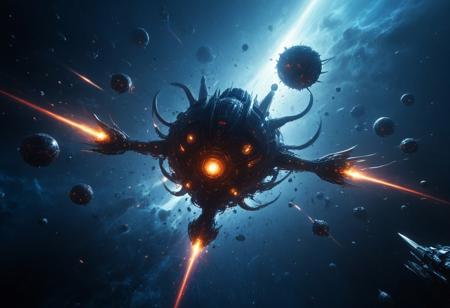 A highly detailed, ultra-realistic, In the vast, dark expanse of space, an epic battle unfolds against the backdrop of a massive alien planet. The planet itself is breathtaking—its oceans shimmer in a deep, sapphire-blue hue, reminiscent of liquid Gatorade, crystal clear and vibrant. The landmasses are covered in lush, alien vegetation, but unlike Earth's green forests, this world’s flora glows in warm tones of orange and brown, creating a stunning contrast against the brilliant blue waters. Wispy clouds swirl across the atmosphere, partially obscuring the surface in soft shadows. Dominating the foreground are colossal metallic spheres—monolithic, gleaming battle stations floating in formation. These giant metal orbs, smooth and reflective, exude a powerful presence, releasing thousands of smaller metal spheres into the battlefield like a relentless swarm. Each of these smaller orbs, agile and efficient, zips through space in perfect synchronization, creating an overwhelming force.
Opposing them are sleek, black, glider-like spacecraft, reminiscent of Batman’s signature aerial vehicles. These alien warships are sharp, ominous, and built for speed, cutting through space like dark shadows. Their surface absorbs light, making them appear almost like voids against the cosmic backdrop. These craft belong to an insectoid species, an eerie hybrid of humanoid and arthropod features. Among the wreckage, alien bodies drift lifelessly—their forms ant-like from the waist down, but with humanoid torsos and praying mantis-like heads. Their exoskeletons glisten with a biomechanical sheen, a blend of organic and machine. The battlefield is alive with chaos. Rainbow-colored laser beams burst in every direction, fired from the spherical war machines, illuminating space with a dazzling light show. Each blast arcs through the void, striking the black glider ships, causing fiery explosions that ripple outward. Some of the insectoid fighters return fire with deep red energy beams, carving through the metallic swarm with deadly precision.
The battle is an awe-inspiring spectacle of light, shadow, and destruction, with debris from shattered ships scattering in all directions. The bodies of fallen insectoid warriors float eerily through space, their lifeless forms caught in the silent, weightless abyss. Energy blasts refract off their armored exoskeletons as the carnage continues, an endless struggle for dominance in the cold, infinite darkness. realism, cinematic, best quality, realistic, shallow depth of field, high-resolution image, extremely detailed body, shallow depth of field,