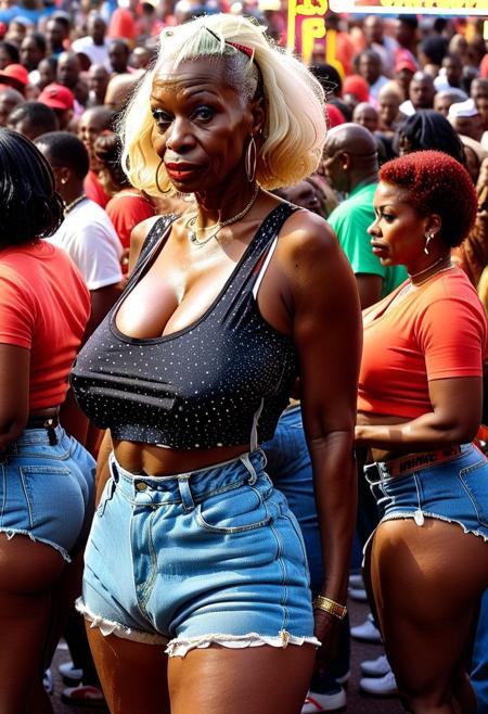 ()Hyoer Realistic:2.0)Polaroid picture of 
a hyper realistic Movie Still of (elderly 80 years old ((busty:1.8)) (((african american))) women) (thick thighs,thick hips :1.55) (huge bubblebutt:1.95)
an image of a vibrant (1992 Freaknik festival in Daytona Beach,FLorida :1.95)l , where a crowd of voluptuous  black women are standing taking a photo in full view frmo head to toe  , blonde hair dressed in iconic 90's(spaghetti  strap top with (booty  jean shorts) and nike air max shoes:1.44). The atmosphere is lively, with sexy clothing and bold makeup. Capture the energy and joy of this celebration, where black women come together to express themselves and have fun.
BREAK Fans and participants are already looking forward to next year's festival