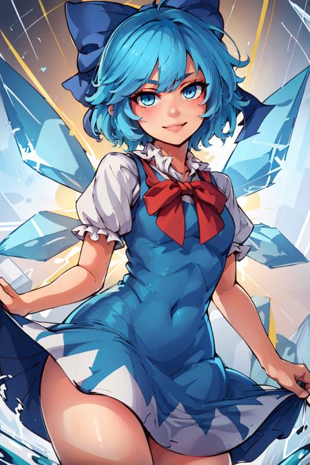  Cirno_Touhou,  1girl, cirno, solo, blue hair, bow, hair bow, short hair, blue eyes, blue bow, wings, ice, ice wings, dress, blue dress,