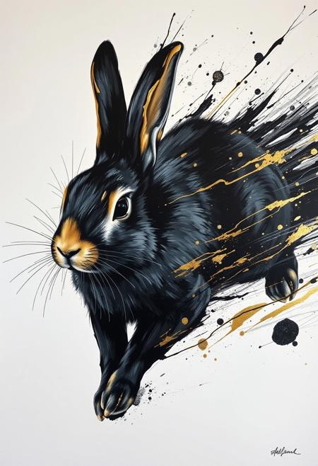 A hyper-stylistic, extremely detailed image depicts a breathtaking painting, crafted from a combination of smeared black and gold metallic paint. A rabbit is captured in a streaked motion, as if it is moving rapidly in one direction. The black paint is applied in bold, dynamic strokes, creating a sense of energy and movement that is contrasted beautifully by the golden accents. The gold paint is used to highlight the rabbit's features, adding a sense of depth and dimensionality to the image. The overall effect is one of breathtaking, surreal dynamism, as if the viewer has captured a fleeting moment in time. Every detail of the image is meticulously crafted, from the delicate, swirling patterns of the gold paint to the intricate, textured patterns of the black paint. The contrasts between light and dark, color and texture, create a sense of tension and energy that draws the viewer in, inviting them to explore the kinetic world of the painting. highest-Quality, intricate details, visually stunning, Masterpiece