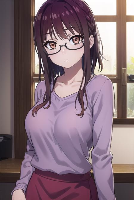 sumikafujimiya, <lora:sumika fujimiya s1-lora-nochekaiser:1>,
sumika fujimiya, (brown eyes:1.5), purple hair, braid, glasses, semi-rimless eyewear, under-rim eyewear,
BREAK sweater, long sleeves, collarbone, skirt, purple skirt,
BREAK indoors,
BREAK looking at viewer, (cowboy shot:1.5),
BREAK <lyco:GoodHands-beta2:1>, (masterpiece:1.2), best quality, high resolution, unity 8k wallpaper, (illustration:0.8), (beautiful detailed eyes:1.6), extremely detailed face, perfect lighting, extremely detailed CG, (perfect hands, perfect anatomy),