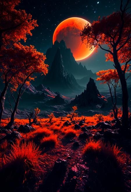 surreal scifi theme, Landscape of an unknown planet, Night, red planet on a black sky. Deep orange, deep black, high contrast, bright colors,.Black glossy obsidian trees, field of tall orange grass, stars, atmospheric, Max Details, sharp focus, high contrast, stylized, dark, clear, surreal, ultra quality, 8k, best quality, masterpiece, midjourneyv6.1, colorful