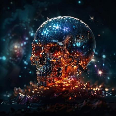 In the vast emptiness of the interstellar void, crystal skull omnipotent deities from separate dimensions collide. The Creator, a deity whose face is an ever-evolving canvas of galaxies and life, wields the power of creation, bringing forth stars, planets, and life forms with a wave of their hand. Opposite them stands the Destroyer, a god whose face is a shifting visage of decay and entropy, wielding the power of destruction, disintegrating celestial bodies and extinguishing stars. The clash of creation and destruction is a cosmic spectacle, with galaxies being born and dying in the wake of their unimaginable powers. highest quality, enhanced quality, creative, beautiful, vibrant, masterpiece, 8k, amazing details, amazing quality, amazing artist, sharp edges, detailed textures, full view, atmospheric lighting, amazing visuals, crystals fantasy, crystals, crystal, bg_imgs, cry5t415ku11,