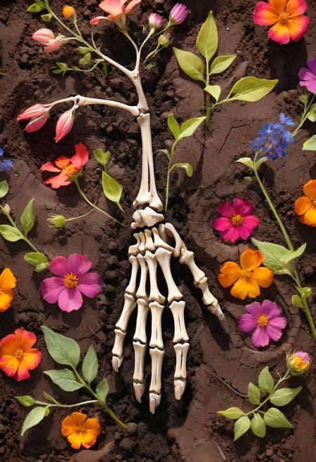 close-up on skeletal hand reaching out of the soil, delicate wildflowers blooming from fingertips, vibrant colors, stylized leaves and petals, soft, textured background, whimsical illustration, symbolic, cycle of life
