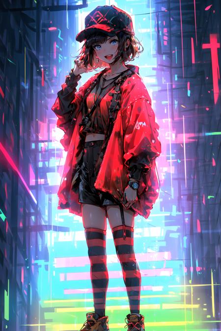 <lora:apocalyptic_cyberpunk:1>, 1girl, vertical-striped shirt, vertical stripes, oozora subaru, solo, striped shirt, virtual youtuber, shirt, swept bangs, white shorts, short hair, striped, hat, asymmetrical legwear, bangs, mismatched legwear, shorts, thighhighs, full body, tied shirt, red thighhighs, wristband, baseball cap, white footwear, backwards hat, open mouth, whistle, shoes, whistle around neck, watch, short sleeves, sneakers, simple background, blush, looking at viewer, white background, yellow shirt, loose shirt, two-tone headwear, red headwear, white shirt, black hair, megaphone, blue eyes, brown hair, smile, t-shirt, short shorts, loose clothes, standing, :d, collarbone, sweatband, oversized shirt, aqua eyes, hands up