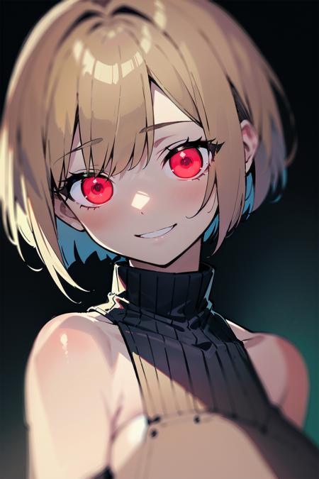 masterpiece, best quality, short hair, blonde hair, red eyes, bob cut, close-up, yandere, creepy smile, dress, bokeh, glowing eye,