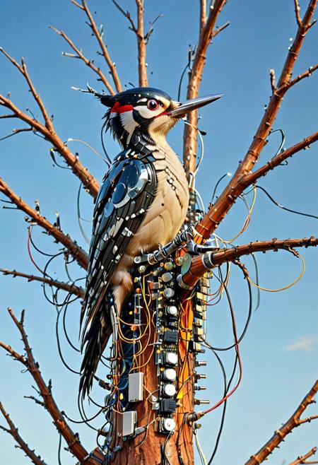 woodpecker made of transistors while making a hole in a large tree made of transistors, sparkly sky, mobe-cybideen,