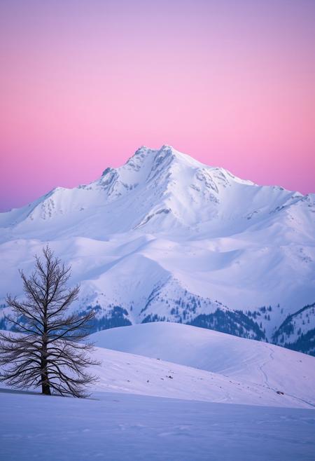 a snow covered mountain with a lone tree in the foreground, keisuke goto, gradient light purple, leading to a beautiful, sparse, carpathian mountains, awarded winning photo, beautiful avatar pictures, pink hues, gentle shadowing, in a desolate, images, <lora:Landscapes_II:0.8>aaa