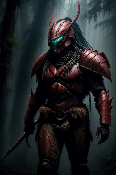 Amazing scene of Predator, fully armored Yautja,  badass helmet with war paint, misty forest setting, dimly lit, epic lighting, predator has advances technological rocket-launch system deployed from his shoulder armor, 
highest quality, focused, clear,