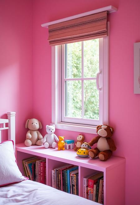 pink children bedroom, toys on the bookshelf, a window intricate detail, winning, sharp focus, original, flux-style