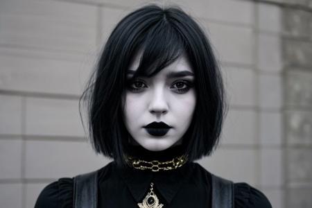 Teen brunnete nordic goth girl | tattoo | dark | Adult | On street | High quality | gothic makeup | realistic | informal | cute girl | bob cut hair | choker | solo | black hair | A mysterious look | piercing | black gloves | Informal clothes | black demonHA eyes | white skin | night club