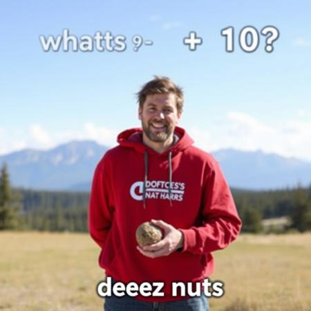 one guy asking another guy "whats 9+10?", the other guy responds "deez nuts"