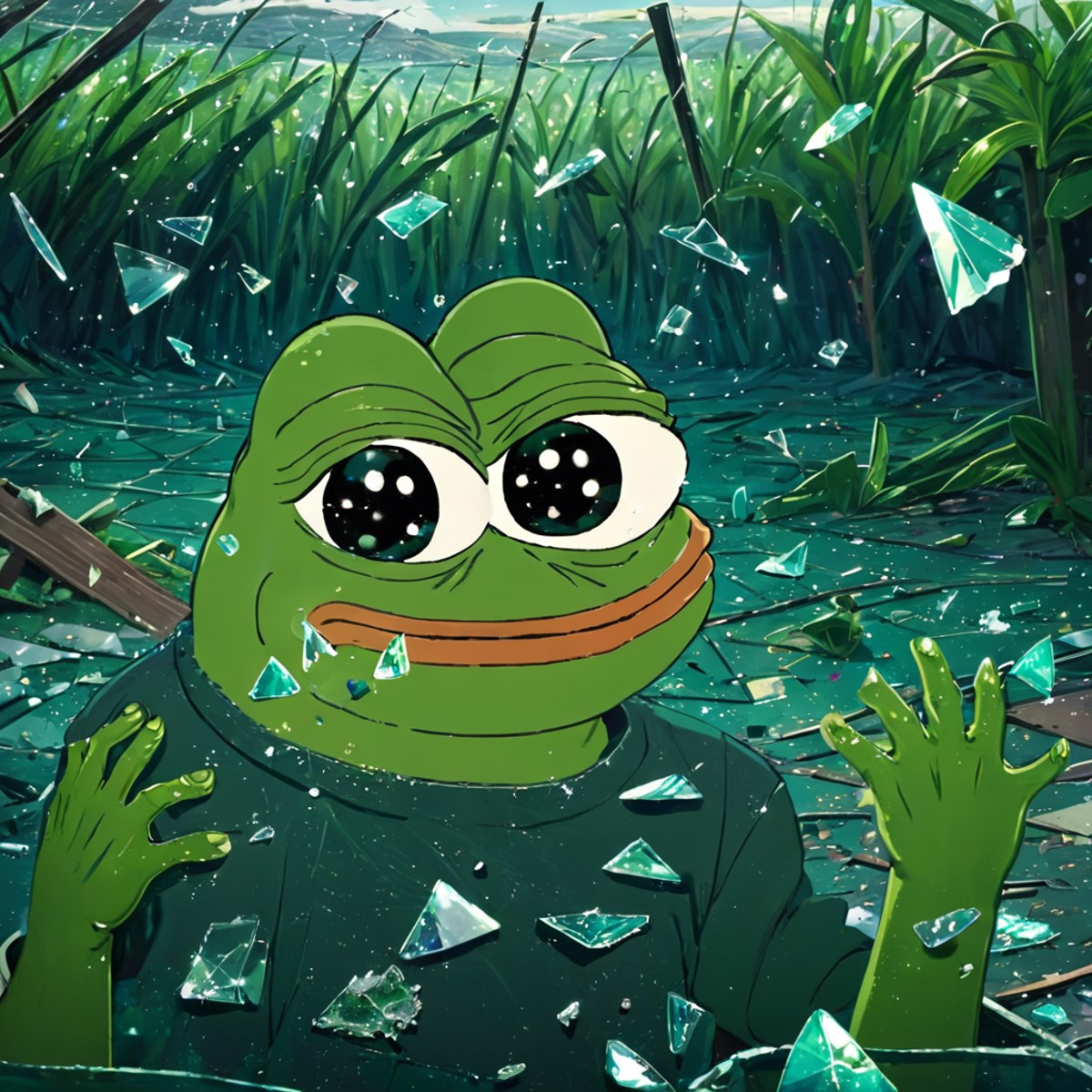 A hurricane-ravaged environment with lots of broken glass and scattered items, (((pepe_frog))), 1 boy <lora:pepe_frog SDXL...