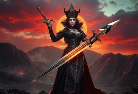 A full-body, voluptuous vampire lady, dressed as a cleric and holding a celestial sword with silver and gold trim, stands in an authoritative pose on a Dormant Volcano background. She is set against the backdrop of Gustavo Fring and Adeptus Astartes in an epic splashscreen character art with a war cry. The scene embodies academism style with vivid emotions, cinematic lighting, and intricate details. It is rendered in 8K resolution using Octane and Unreal Engine 5, showcasing stunning colors, harmonious composition, and a captivating focus on the character. The artwork is trending on ArtStation and CG Society, reflecting a powerful message and the golden ratio. The vampire is from the Catholicpunk universe, echoing Dune (2021) aesthetics and dynamic action. The detail-oriented artwork boasts impeccable editing, intentional focus, and a well-timed moment, making it a standout piece in the genre.