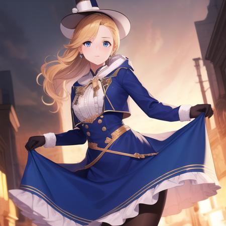 (masterpiece, best quality:1.2),illustration,8k,hd,1girl,solo,upper body,(portrait:1.2),white_gloves,blue_eyes,gloves,long_hair,black_bow,blonde_hair,bow,brown_pantyhose,white_headwear,hair_bow,dress,hat,anchor,blue_dress,long_sleeves,pantyhose,tilted_headwear,shoes,union jack capelet,braid,blue_capelet,earrings,jewelry,grey_footwear,white_footwear,hair_over_shoulder,bangs,<lora:Hood>,