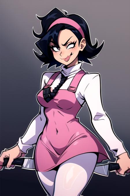 <lora:nene:0.8> 1girl, solo, breasts, smile, short hair, simple background, shirt, black hair, long sleeves, dress, holding, medium breasts, white shirt, weapon, pantyhose, hairband, tongue, tongue out, grey background, covered navel, turtleneck, knife, pink dress, :p, white pantyhose, outline, holding knife, white outline, pink hairband