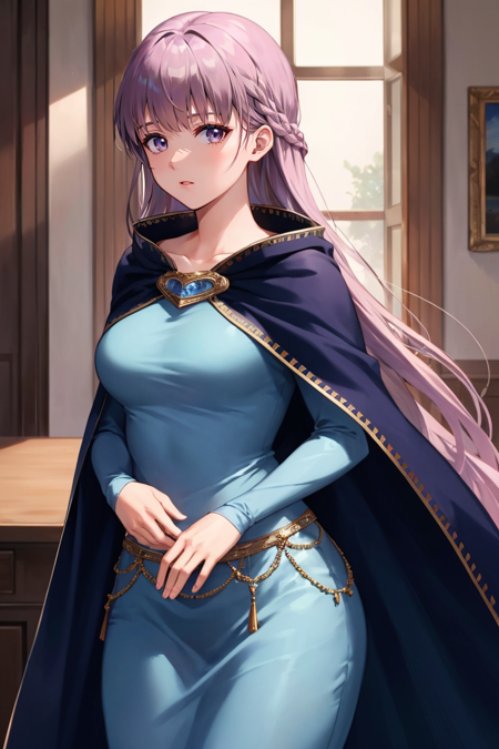 (highly detailed:1.3),
sophia fe, looking at viewer, long sleeves, dress, jewelry, very long hair, collarbone, braid, cape, blue dress, cloak, (belly chain:0.6), indoors, rim lighting, dimly lit, 
Ultra-detail,(highres:1.1),best quality,(masterpiece:1.3),cinematic lighting,
, <lora:Sophia_FEv2:0.8>