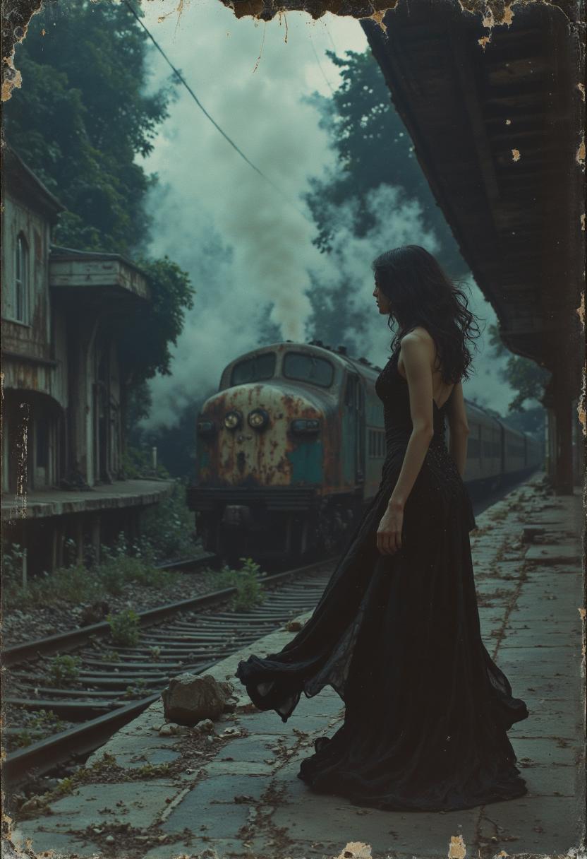  analogstyle,A stark, , its edges eaten away by time and decay, reveals a hauntingly beautiful woman standing on the crumbling platform of an abandoned train station. The air hangs heavy with the scent of coal smoke and the silence of forgotten whispers. Her long, dark hair, a tangled mane framing a face of melancholic beauty, whips around her in a spectral wind. Her gown, once a luxurious velvet, is now a tattered shroud, clinging to her slender form like a shroud. The station around her is a decaying skeletal structure, its iron bones rusting under a sky choked with smog. A lone, ghostly train engine, its metal skin corroded and its windows like empty eyes, sits silently on the tracks, its steam a phantom breath against the encroaching darkness.  The tracks, vanishing into the impenetrable fog, lead not to a destination, but to oblivion.