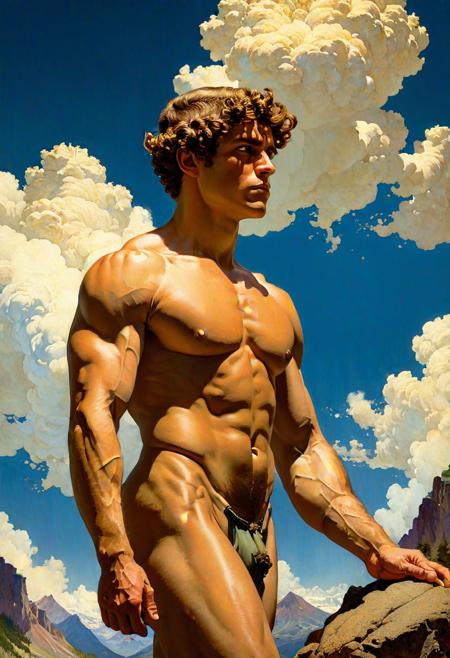(by maxfield parrish:1.8),(glamorous male:1.6),  (deadly , ephemeral , masterful:1.4), painting, bold lines, detailed, award winning,  limited palette, high contrast, depth of field, (intricate details, masterpiece, best quality:1.4), masculine, male, shirtless, wide view, dramatic lighting,  looking at viewer, dynamic pose, wide angle panoramic view, <lora:add-detail-xl:0.5> <lora:xl_more_art-full_v1:0.5> <lora:looking_at_viewer:2>