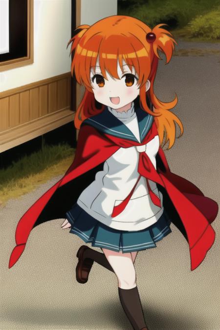 Yuki <lora:ANIME_Saki_Characters:0.6> <lora:ANIME_beautifulDetailedEyes_v10:0.4>, 1girl, school uniform, orange hair, red cape, walking in a forest