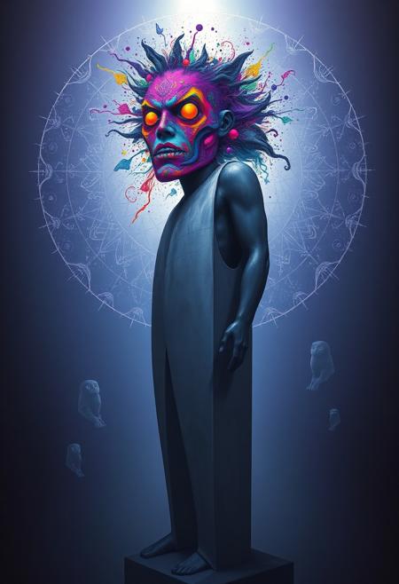 Lit by a razor-thin shaft of white light, a solitary figure stands like a monolith. Their body is sculpted into stark planes and sharp contrasts, almost inhuman in its precision—like a statue animated only by divine breath. But the head breaks the illusion. Their face is a riot of colors and forms, smeared in urgent brushstrokes of violet, neon orange, electric green, and shadowed crimson. Instead of a face, there’s a swirling mask of pain and symbolism—fragmented animals, spiritual markings, ancient glyphs, all emerging from the skin as though memory and madness were rising to the surface. It radiates emotional intensity, psychic collapse, and symbolic rebirth. Surrounding the figure is a luminous, semi-transparent aura filled with ghostly figures—wolves, owls, serpents—floating in circular motion. The atmosphere hums with sacred chaos. This is the moment of psychological rupture, where sacred structure meets uncontainable vision.