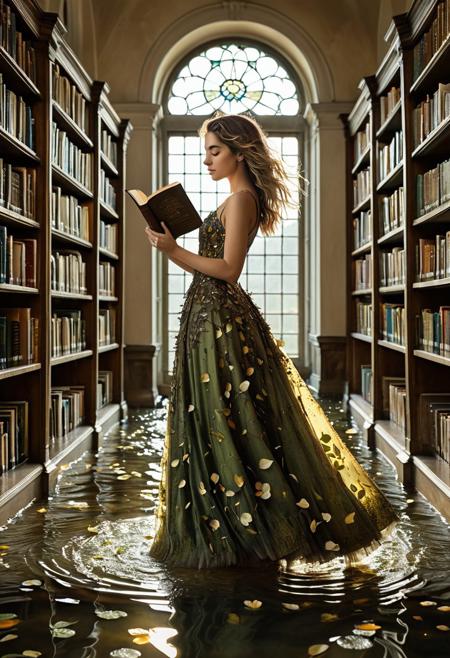 A breathtakingly beautiful woman standing barefoot in the middle of a flooded library, water reaching her ankles, reflecting shelves of floating books and golden afternoon light pouring through broken stained-glass windows. She wears an elegant, weathered ball gown made of moss, petals, and sheer silk, blending seamlessly with the natural decay of the room. Her hair is windswept, with small birds resting in it, and her expression is calm and knowing. Subtle surrealism, cinematic realism, dreamlike atmosphere, soft focus, shallow depth of field, ultra-detailed textures, 8k, muted earth tones, photorealistic style, trending on ArtStation