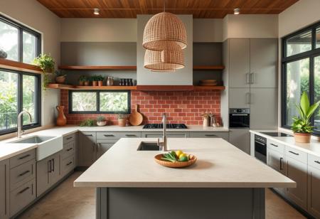 "A modern kitchen designed in a blend of Wabi Sabi and Tropical Modern styles. The cabinetry features a calming palette of dusty gray and taupe, complemented by saddle brown accents in wooden shelving and fixtures. Light stone countertops in light beige create an inviting workspace that balances elegance and functionality.
Lime green plants and herbs add natural freshness, while a subtle brick red backsplash provides warmth and character. Ample natural light floods through large windows, highlighting the organic textures of the materials.
Woven pendant lights hang above the central island, offering soft, ambient lighting. The island features a sandy beige countertop and serves as a casual dining area for family and friends to gather.
Overall, this kitchen blends simplicity with a touch of nature, creating a warm, inviting atmosphere that encourages culinary creativity and relaxation."