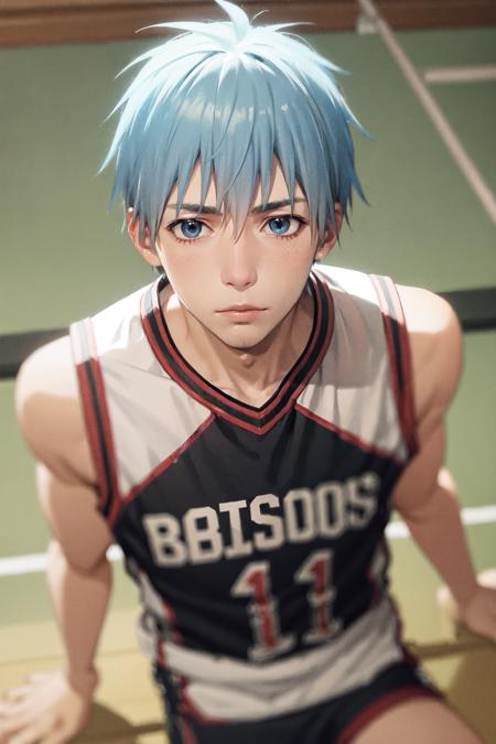 (masterpiece, best quality:1.2), <lora:kb_kuroko-10:0.8>, from above, solo, male focus, 1boy, kuroko tetsuya, expressionless, closed mouth, looking at viewer, basketball uniform, basketball court, basketball