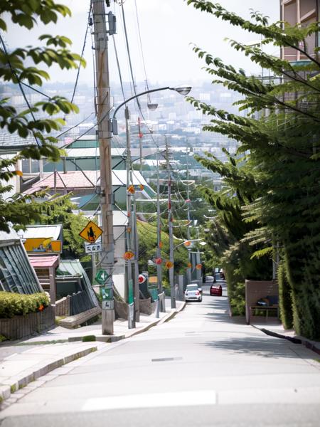 masterpiece, best quality, ultra-detailed, illustration,
haruhizaka, kitakoumae, scenery, outdoors, road, power lines, city, tree, building, sign, cityscape, road sign, utility pole, ground vehicle, motor vehicle, street, car, sky, day, real world location, realistic, 
 <lora:kitakoukou:1>