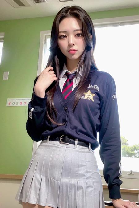 itzyyuna, long hair, day, in classroom, RAW,(8k, best quality, masterpiece:1.2),(intricate details:1.4),(photorealistic:1.4),octane render, complex 3d render ultra detailed, studio soft light, rim light, vibrant details, ultra detailed, realistic skin texture, detailed face, beautiful detailed eyes, extremely detailed CG unity 8k wallpaper, makeup, (detailed background:1.2), (cowboy shot:1.2),(perfect anatomy:1.2),(wide hip:1.1),(school uniform:1.5), <lora:itzyyuna-v1:1>