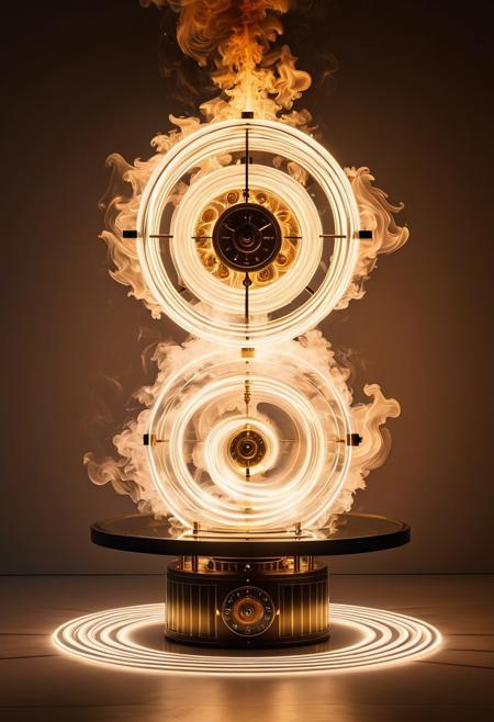 (masterpiece, best quality), Clockwork Creature, 
light art, kinetic art, smoke and fire elements, monochromatic tones, abstract patterns, ethereal glow, atmospheric installations, movement and light interplay, organic textures, cosmic themes, minimalist composition, immersive experience