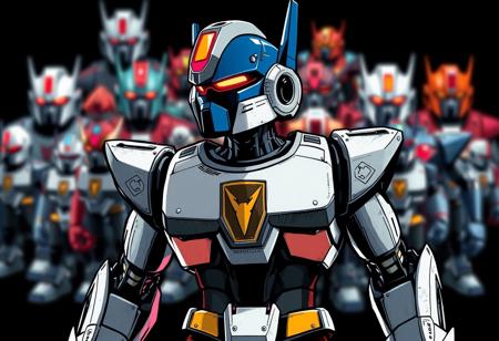 An intense, super detailed graphic novel illustration in a dynamic action pose features a central, powerful robot figurine. The robot, boasting a deep blue head with a glowing red visor and a crisp white body with a prominent gold emblem on its chest, is rendered with sharp lines and bold brush strokes, exuding a contemporary aesthetic. A Grammer Effect style and subtle splash ink elements enhance its futuristic design. It stands silhouetted against a stark black background, where other blurred, multi-colored robot figurines create an attractive, expansive collection display. The impeccable composition employs a creative angle, drawing the eye directly to the robot's vivid emotions and powerful message. Stunning, harmonious colors and captivating lighting define this high-quality, handcrafted piece. Trending on ArtstationHQ, CGSociety quality.